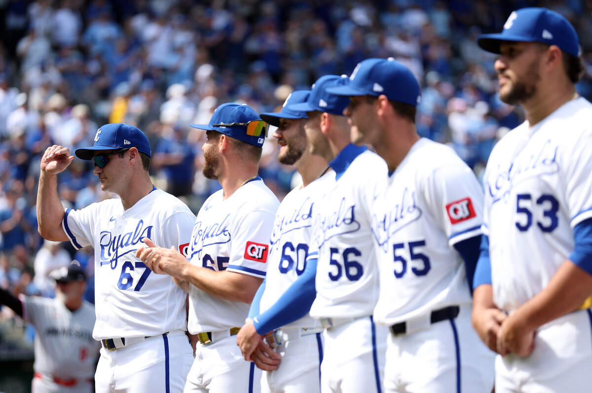 Kansas City Royals pitcher Seth Lugo is introduced prior to the game against the Minnesota Twins at Kauffman Stadium on March 30, 2026 in Kansas City, Missouri.