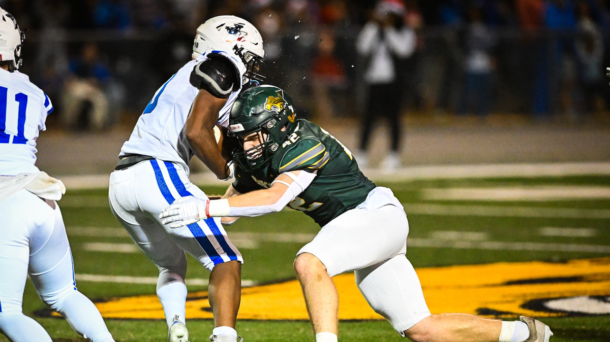 Basehor-Linwood linebacker Wyatt Shockey delivers a hit during the Bobcats’ 31-7 win over Leavenworth in the Kansas Class 5A high school football quarterfinals on Friday, Nov. 14, 2025.