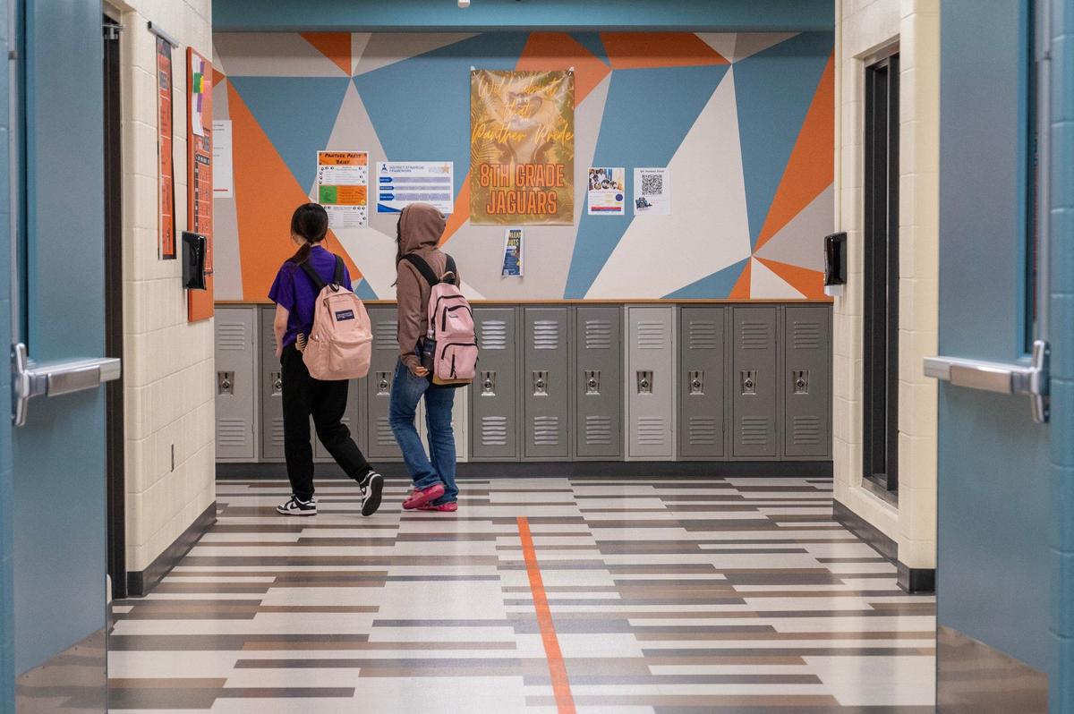Students are seen walking to class at Gloria Willis Middle School on Tuesday, April 16, 2024, in Kansas City, Kansas.