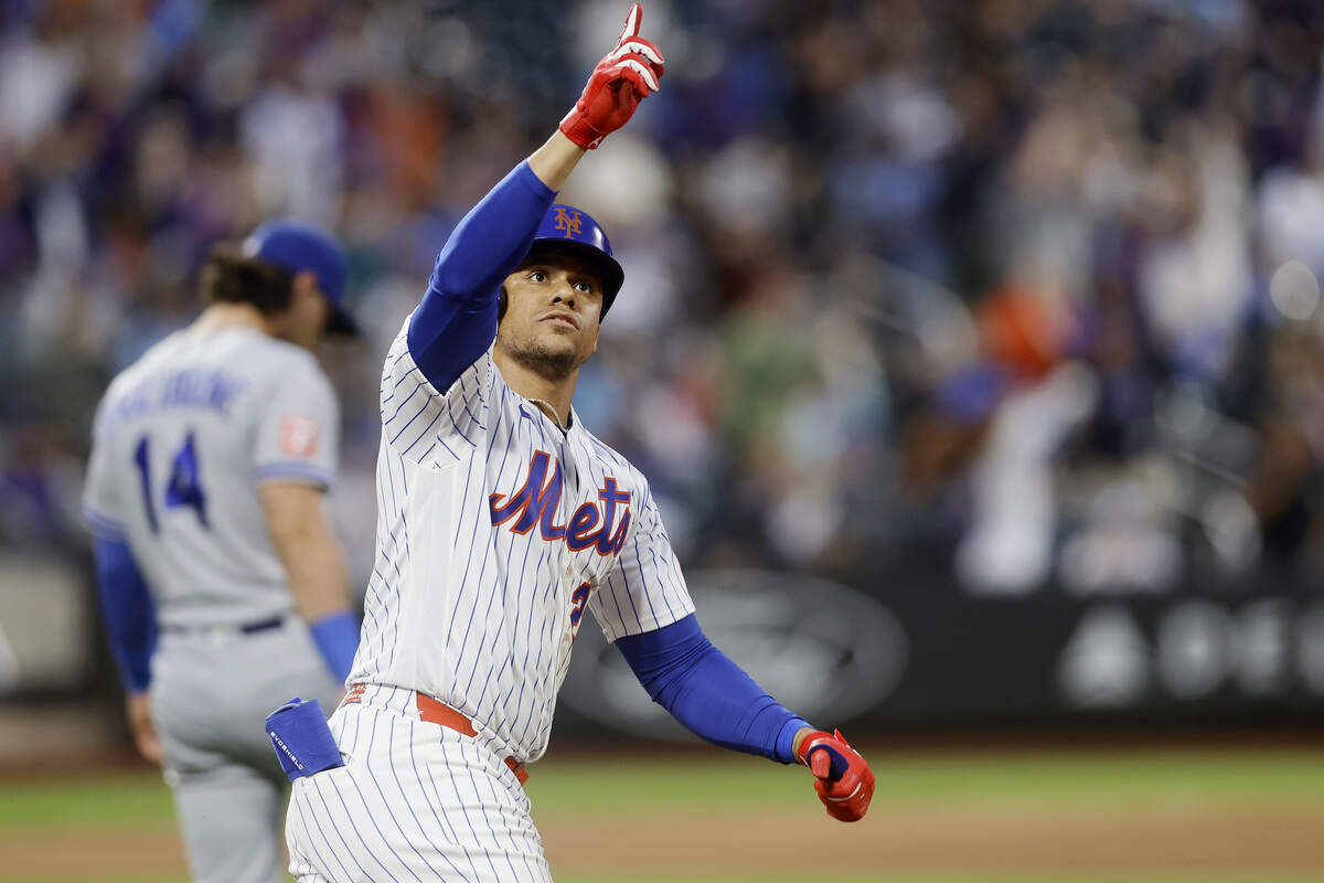 New York Mets outfielder Juan Soto celebrates his three-run home run on the base paths in the fourth inning against the Kansas City Royals at Citi Field on July 07, 2026 in New York City.