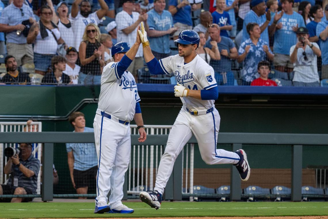 Royals outfielder Jac Caglianone, right, rounds the bases after hitting a home run in the fourth inning of a Wednesday, July 9, 2025 Major League Baseball game against the Pittsburgh Pirates at Kauffman Stadium in Kansas City.