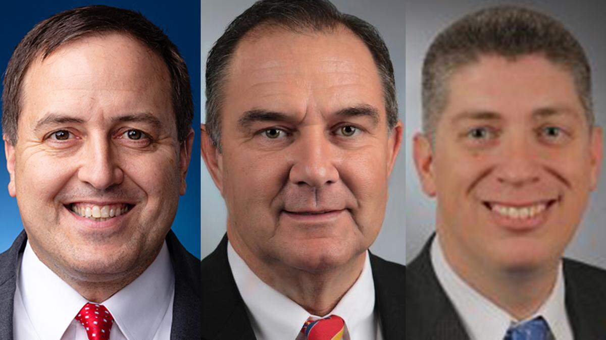 Missouri Secretary of State Jay Ashcroft, left; Lt. Gov. Mike Kehoe, center, and state Sen. Bill Eigel are Republican candidates for governor.