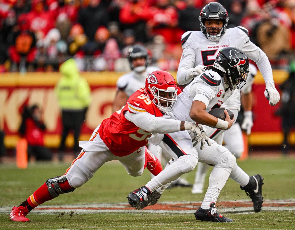 Kansas City Chiefs defensive tackle Chris Jones (95) sacks Houston Texans quarterback C.J. Stroud (7) in the first quarter during the AFC Divisional Round playoff game on Saturday, Jan. 18, 2025, at GEHA Field at Arrowhead Stadium.