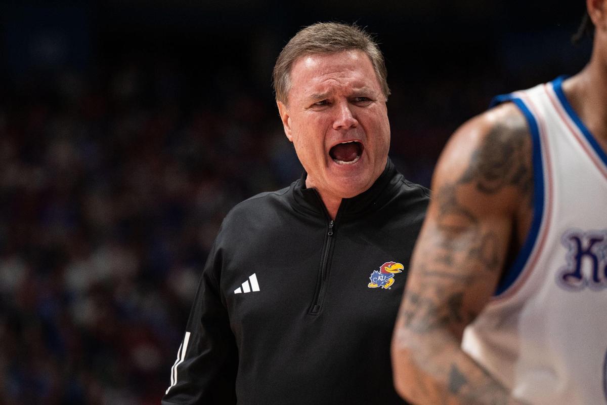 Kansas Jayhawks head coach Bill Self shouts to his players in the first half of the game vs. the Houston Cougars on Saturday, Jan. 25, 2025, at Allen Fieldhouse.