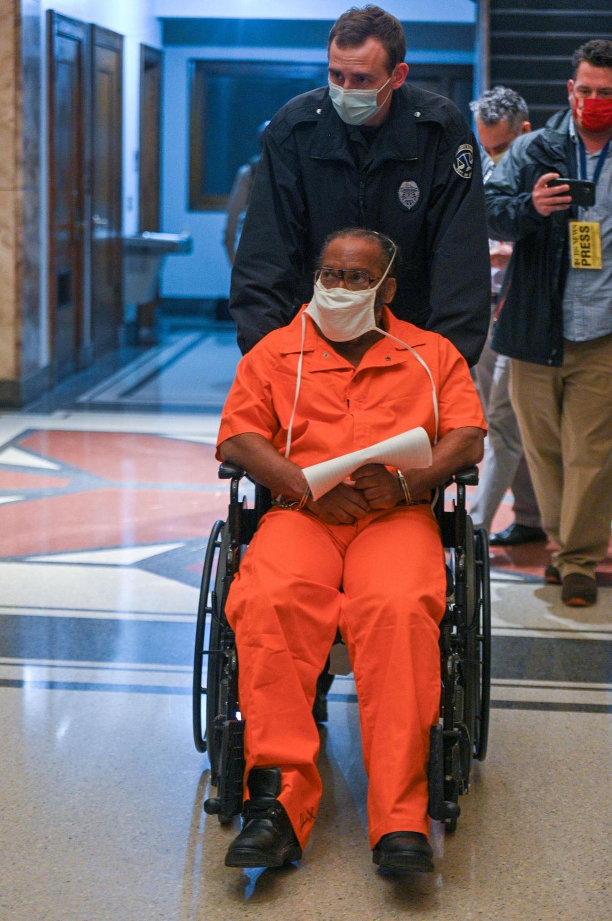 Kevin Strickland is escorted to the elevator after closing arguments and three days of evidentiary hearings regarding his innocence on Wed., Nov 10, 2021 in Jackson County Circuit Court in Kansas City. Strickland has been incarcerated for the past 43 years for a triple murder many people, including Jackson County Prosecutor Jean Peters Baker, believe he did not commit.