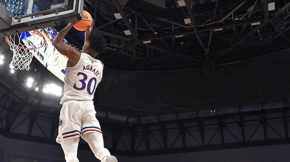KU’s Ochai Agbaji sailed in for a dunk during the second half of Thursday night’s first round NCAA Tournament game in Fort Worth. KU beat Southern, 83-56.
