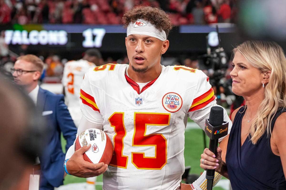 Kansas City Chiefs quarterback Patrick Mahomes (15) is interviewed by NBC Sports reporter Melisa Stark after the Chiefs defeated the Atlanta Falcons at Mercedes-Benz Stadium on Sept. 22, 2024.
