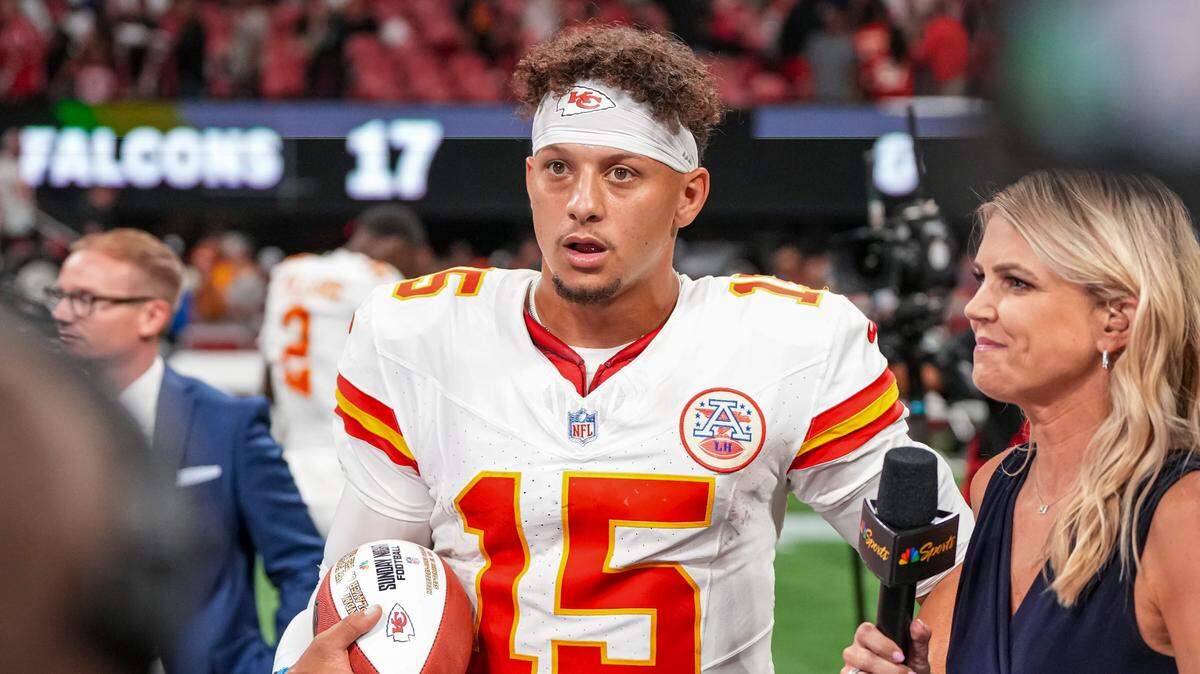 Kansas City Chiefs quarterback Patrick Mahomes (15) is interviewed by NBC Sports reporter Melisa Stark after the Chiefs defeated the Atlanta Falcons at Mercedes-Benz Stadium on Sept. 22, 2024.