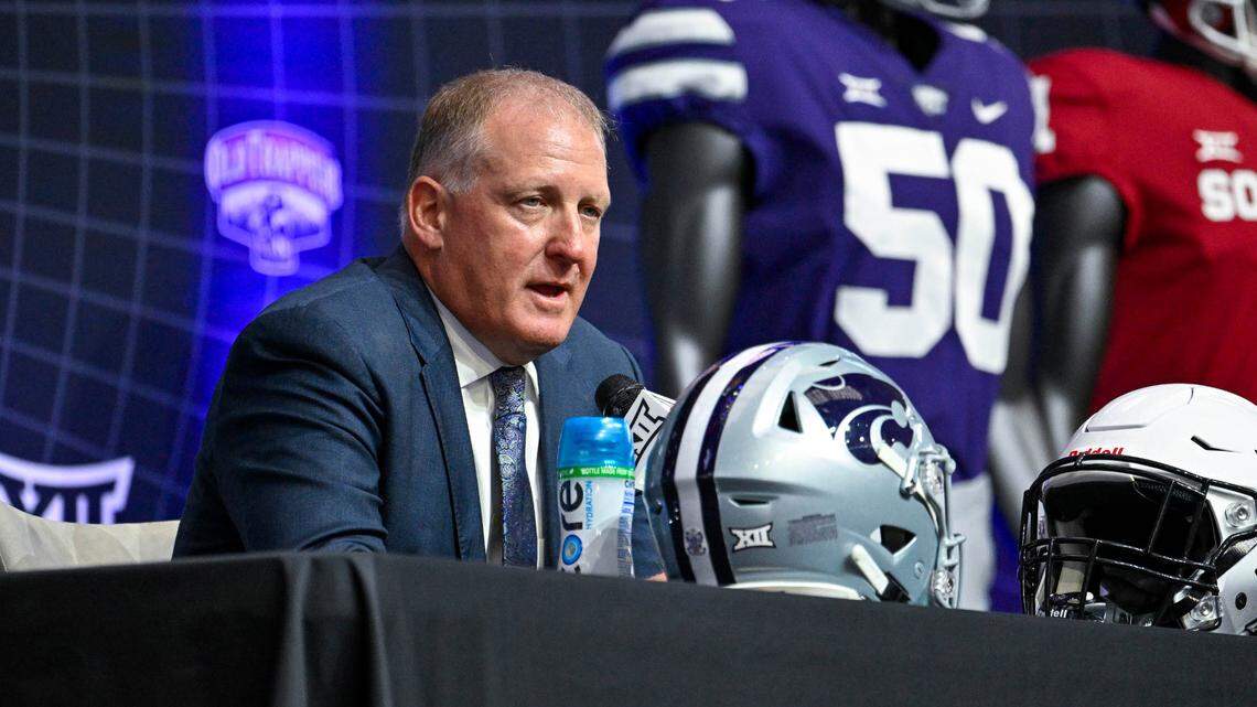 Kansas State Wildcats head coach Chris Klieman is interviewed during Big 12 football media days at AT&T Stadium in Arlington, Texas, on July 13, 2023.