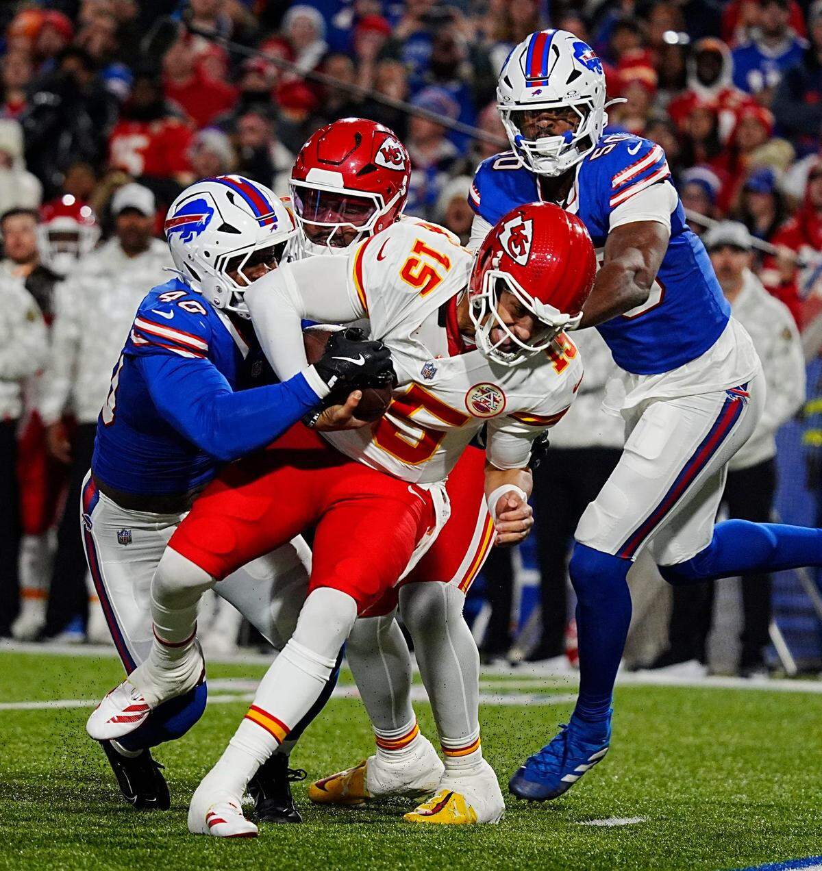 Buffalo Bills defenders Von Miller and Greg Rousseau sack Kansas City Chiefs quarterback Patrick Mahomes during an NFL Week 11 game at Highmark Stadium in Orchard Park, New York on Sunday, Nov 17, 2024.