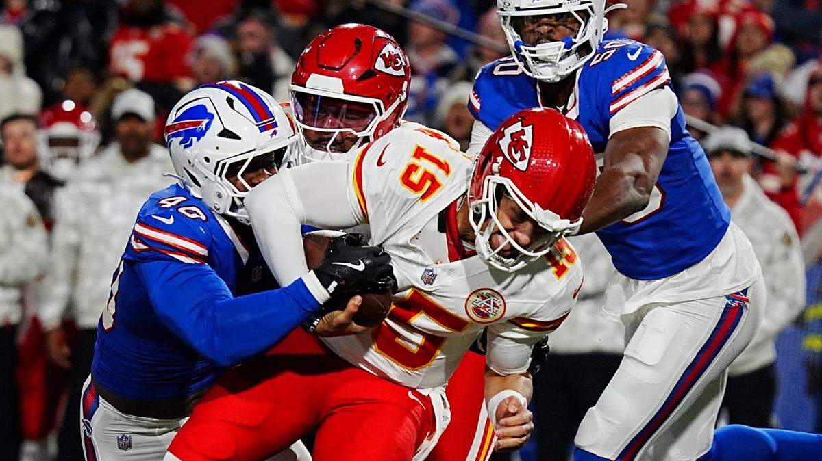 Buffalo Bills defenders Von Miller and Greg Rousseau sack Kansas City Chiefs quarterback Patrick Mahomes during an NFL Week 11 game at Highmark Stadium in Orchard Park, New York on Sunday, Nov 17, 2024.