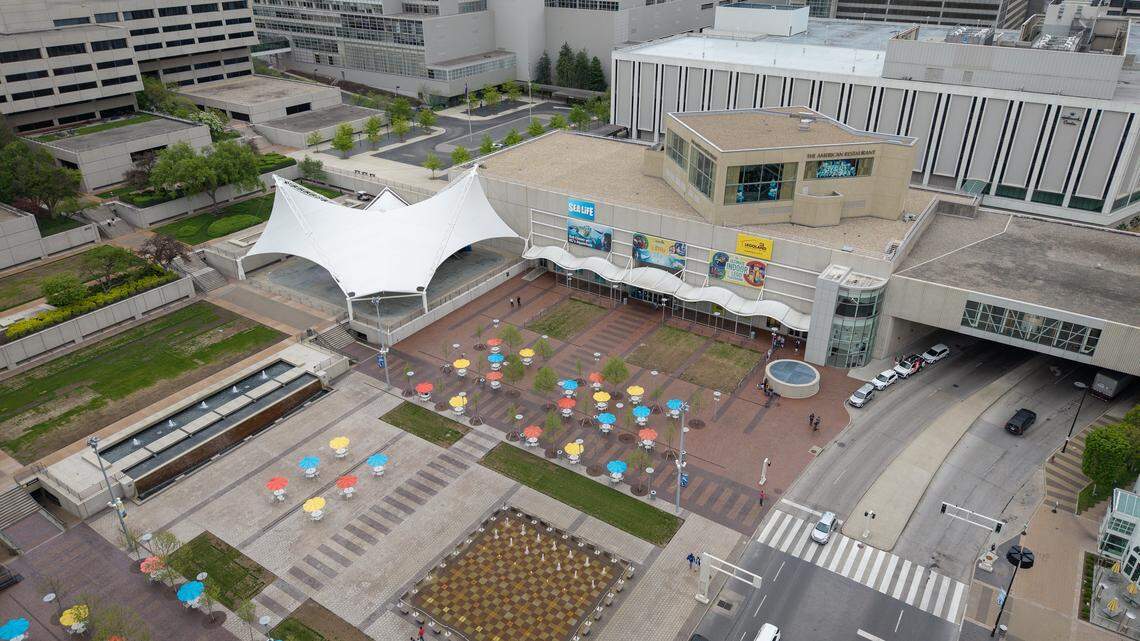 View of Crown Center, where the Kansas City Royals announced Wednesday, April 22, 2026, that they will build their new stadium in the 85-acre mixed-use shopping district in a joint partnership with Hallmark Cards.