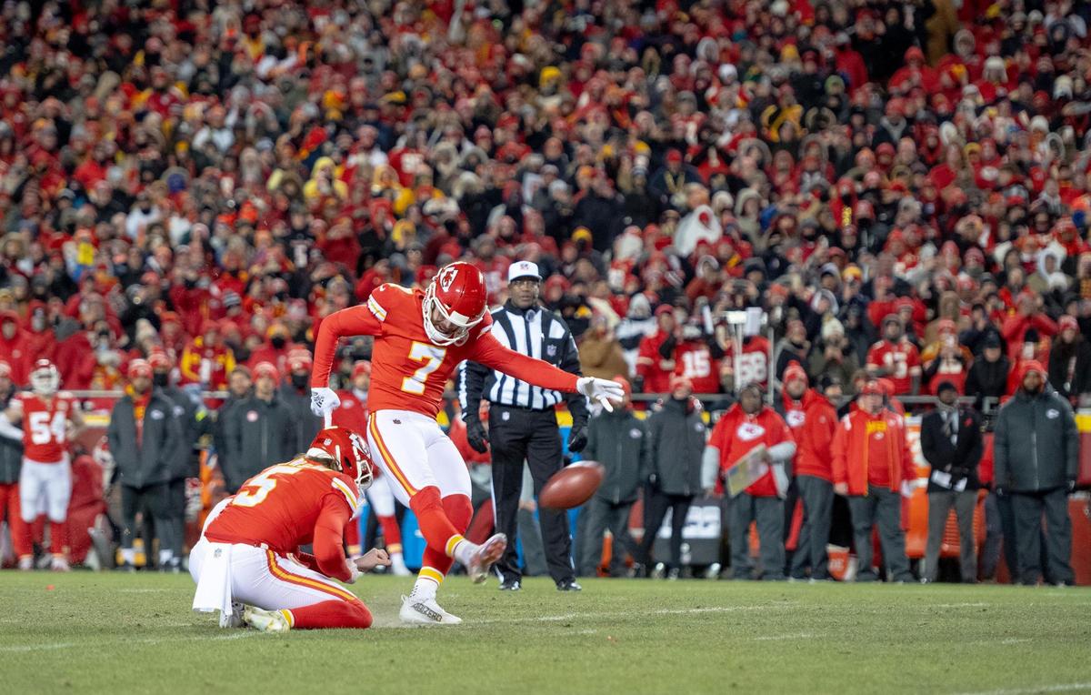 Kansas City Chiefs place kicker Harrison Butker (7) kicks the game-winning field goal to defeat the Cincinnati Bengals 23-20 in the AFC Championship NFL football game at GEHA Field at Arrowhead Stadium on Sunday, Jan. 29, 2023, in Kansas City.