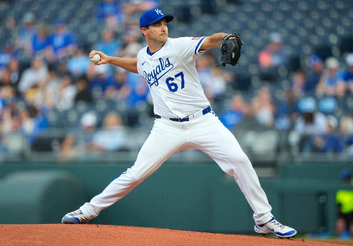 Royals starting pitcher Seth Lugo throws against the Minnesota Twins during a Wednesday, April 9, 2025 Major League Baseball game at Kauffman Stadium in Kansas City.