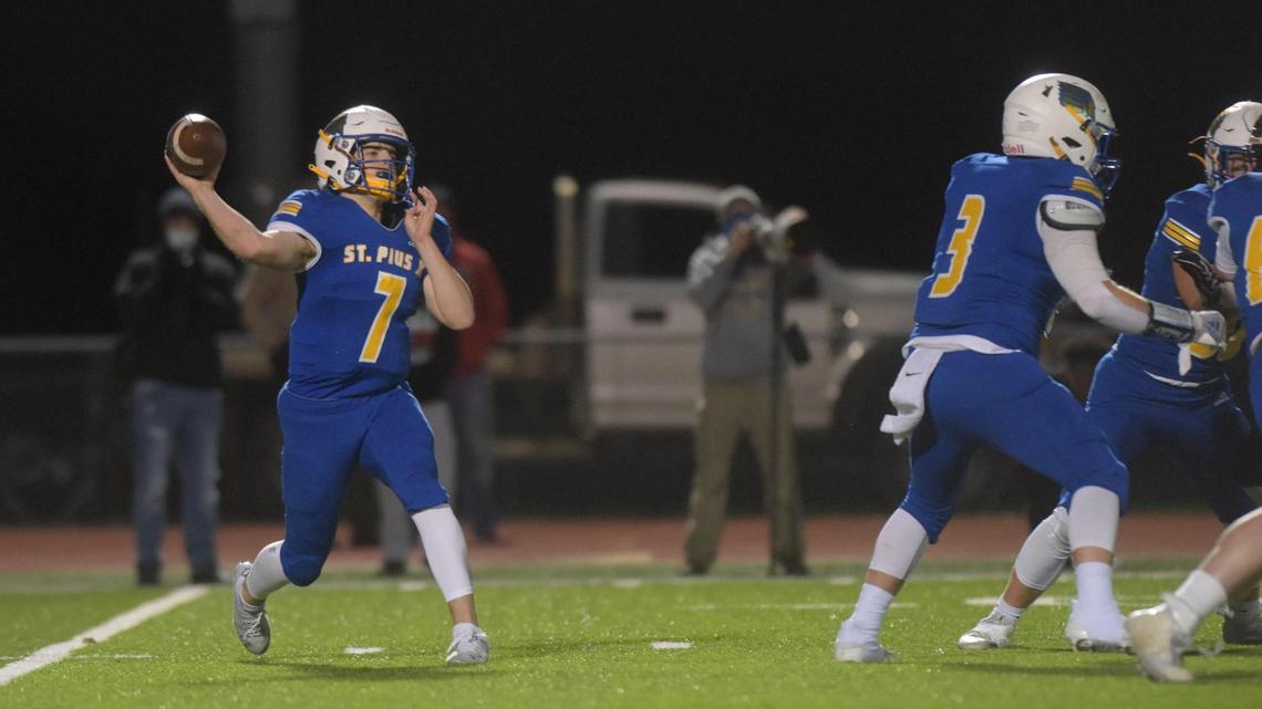 St. Pius X quarterback Jack Mosh throws a pass in the first half of the Class 2 Missouri state championship game with Lamar Friday in Wardsville, Missouri. St. Pius X lost the defensive battle, 6-3.