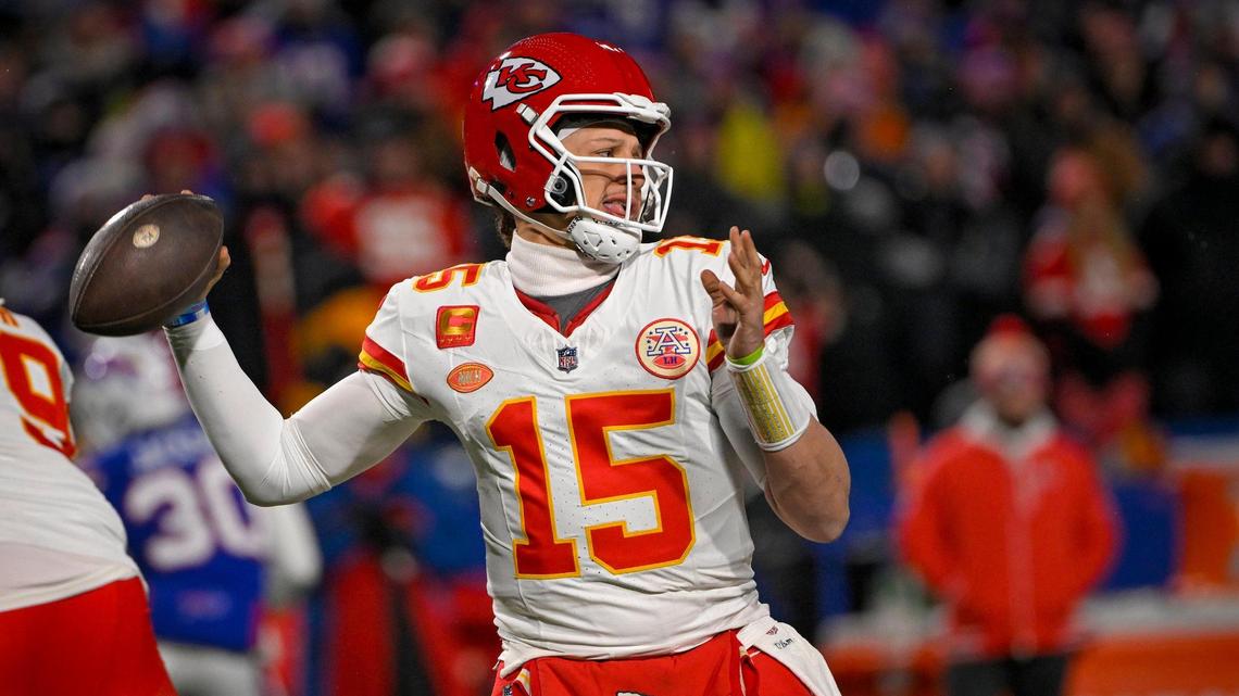Kansas City Chiefs quarterback Patrick Mahomes (15) looks for a receiver during the second half of an AFC Divisional Round playoff game against the Buffalo Bills at Highmark Stadium on Sunday, Jan. 21, 2024, in Orchard Park, New York.