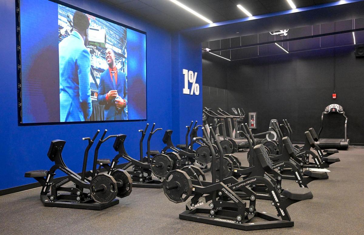 Student-athletes in the Kansas football program have an upgraded weight room, with new strength training and conditioning equipment, that was unveiled during a media tour Tuesday, Aug. 8, 2023, at the Anderson Football Complex in Lawrence, Kansas.