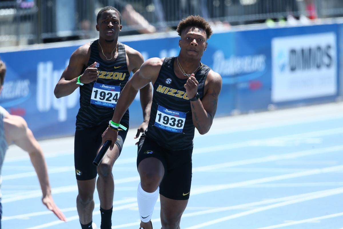 Missouri wide receiver Khmari Thompson participating in a relay for Mizzou’s track and field team.