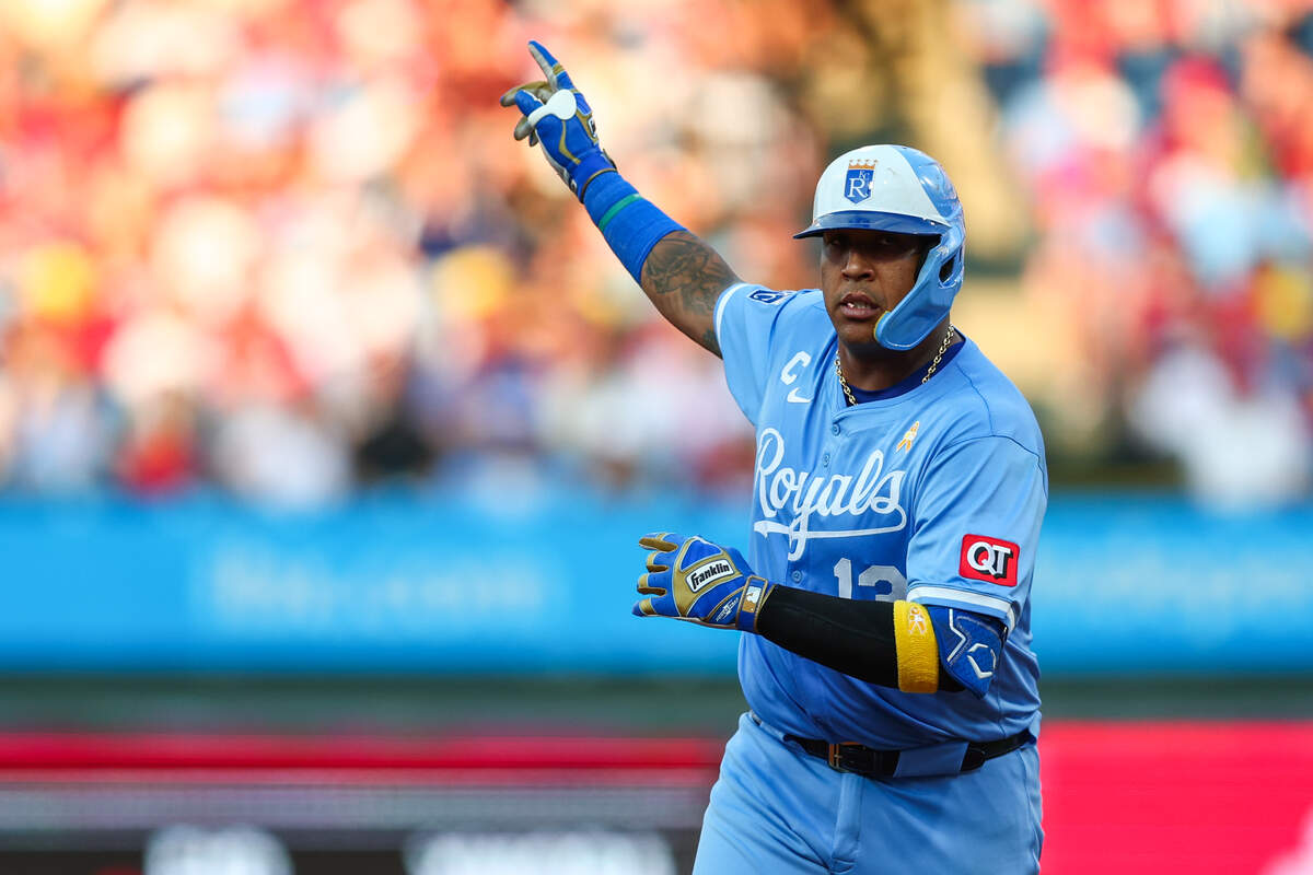 Salvador Perez #13 of the Kansas City Royals rounds the bases after hitting a two-run home run in the first inning against the Philadelphia Phillies at Citizens Bank Park on September 13, 2025 in Philadelphia.