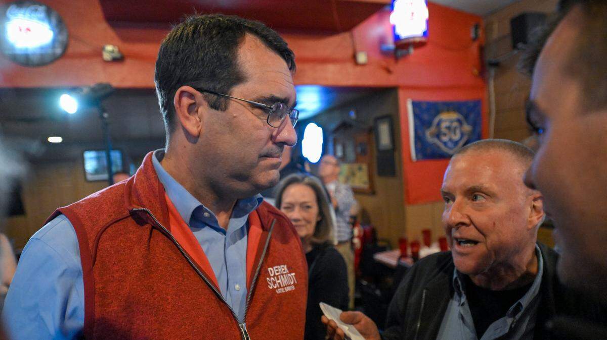 Kansas Attorney General Derek Schmidt, the Republican nominee for Governor, spoke to supporters after he and Virginia Governor Glenn Youngkin campaigned together Thursday, Sept. 22, 2022, at Hayward’s Pit Bar B Que in Shawnee. The event was hosted by the Kansas Republican Party.