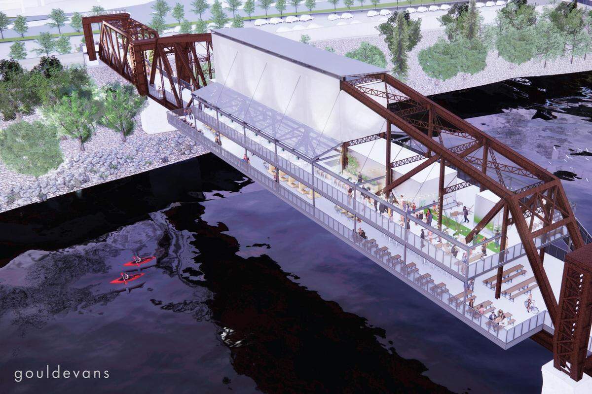 This architectural rendering shows plans for the revamped Rock Island Bridge over the Kansas River. The development is set to be completed in 2023.