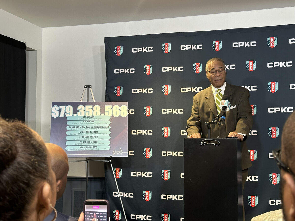 U.S. Rep. Emanuel Cleaver discusses federal funding toward the FIFA 2026 World Cup during a news conference at CPKC Stadium on Thursday, Feb. 19, 2026. The Kansas City area will receive nearly $80 million in federal funds in addition to millions in state funds from Kansas and Missouri.
