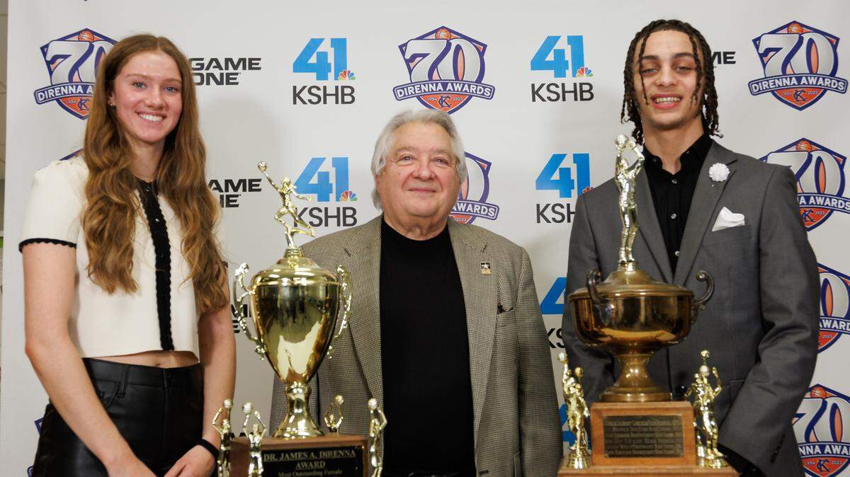 Grain Valley High’s Grace Slaughter, left, and Staley High’s Kyan Evans, right, with Dr. DiRenna, were named 2023 DiRenna Awards winners on Thursday night at Truman High School in Independence.