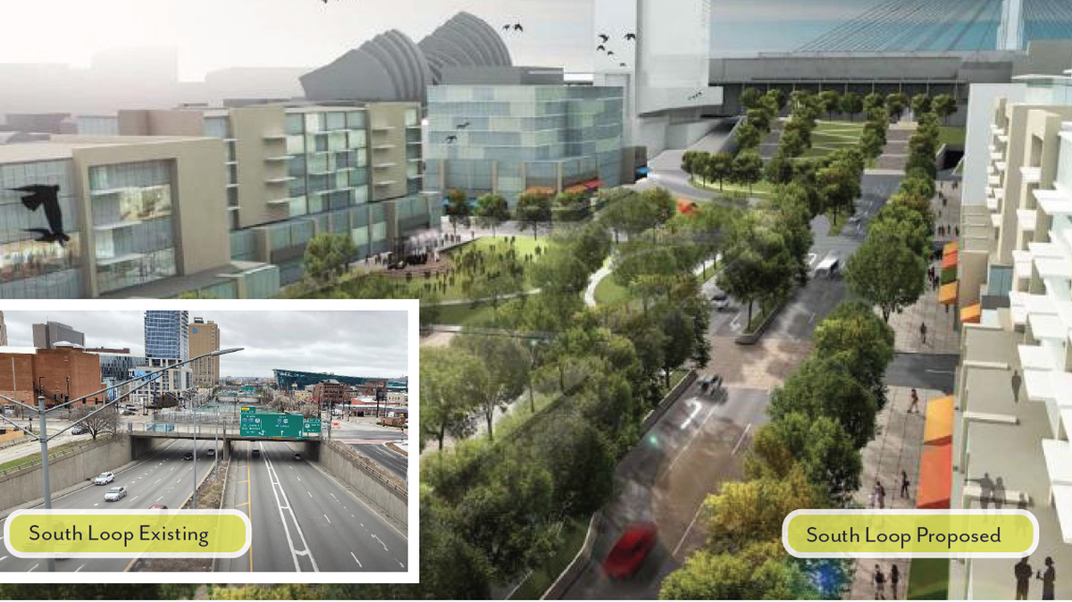 A deck over Interstate 670 in downtown Kansas City would add green space to the heart of the city and curtail noise from interstate traffic below.