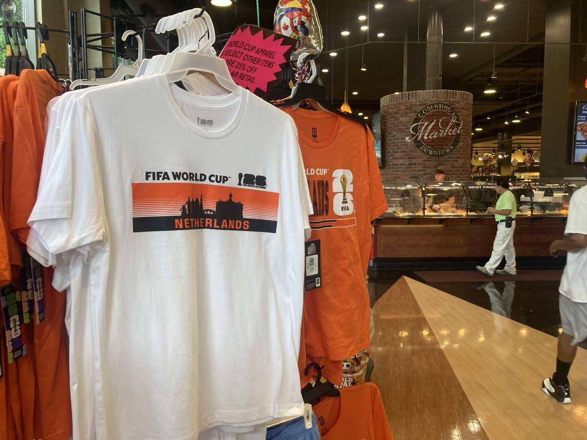 T-shirts for The Netherlands being sold at Cosentino’s Market in downtown Kansas City, where the World Cup has increased business and revenue.