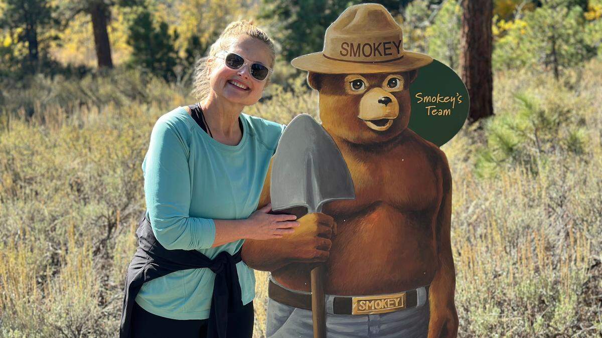 Sherry hangs out with Smokey Bear on vacation. Smokey’s the only bear she’s happy to go near, but it was “real live bear palooza” around Lake Tahoe recently.