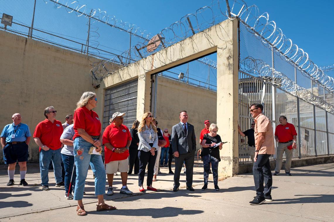 Kyle Deere, right, a former Deputy Warden at Kansas State Penitentiary and Lansing Correctional Facility, talked about the prison during a tour on Monday, Sept. 9, 2024.