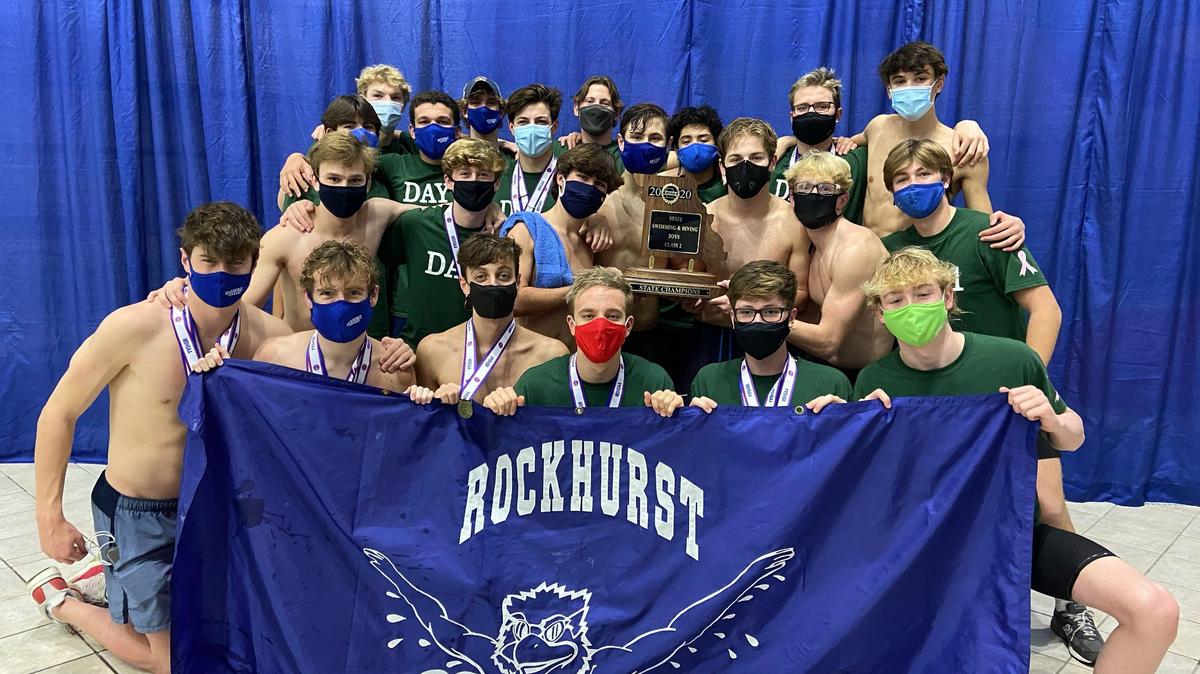The state-champion Rockhurst Hawklets celebrated after winning the gold in Friday’s Class 2 Missouri meet in St. Peters.