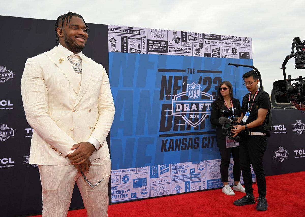 NFL Draft prospect Ohio State offensive lineman Paris Johnson Jr. posed on the Red Carpet on the Memorial Courtyard before the first round of the NFL Draft on Thursday, April 27, 2023, at the National WWI Museum and Memorial.