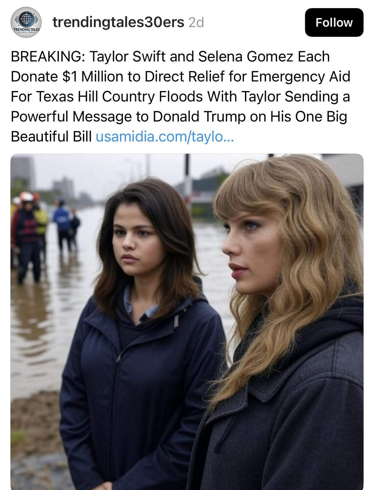 This AI image of Selena Gomez and Taylor Swift at the flood site in central Texas is circulating online