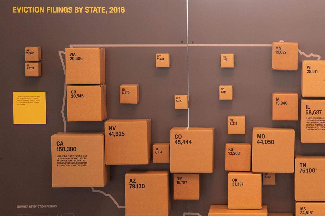 Moving boxes illustrate the eviction crisis by state, including Missouri and Kansas.