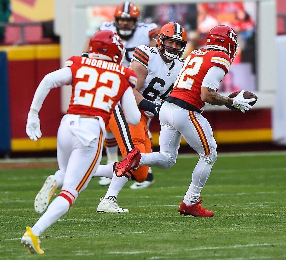 Kansas City Chiefs strong safety Tyrann Mathieu runs with the ball after making an interception early in the third quarter Sunday, January 17, 2021, at Arrowhead Stadium in Kansas City, Missouri.