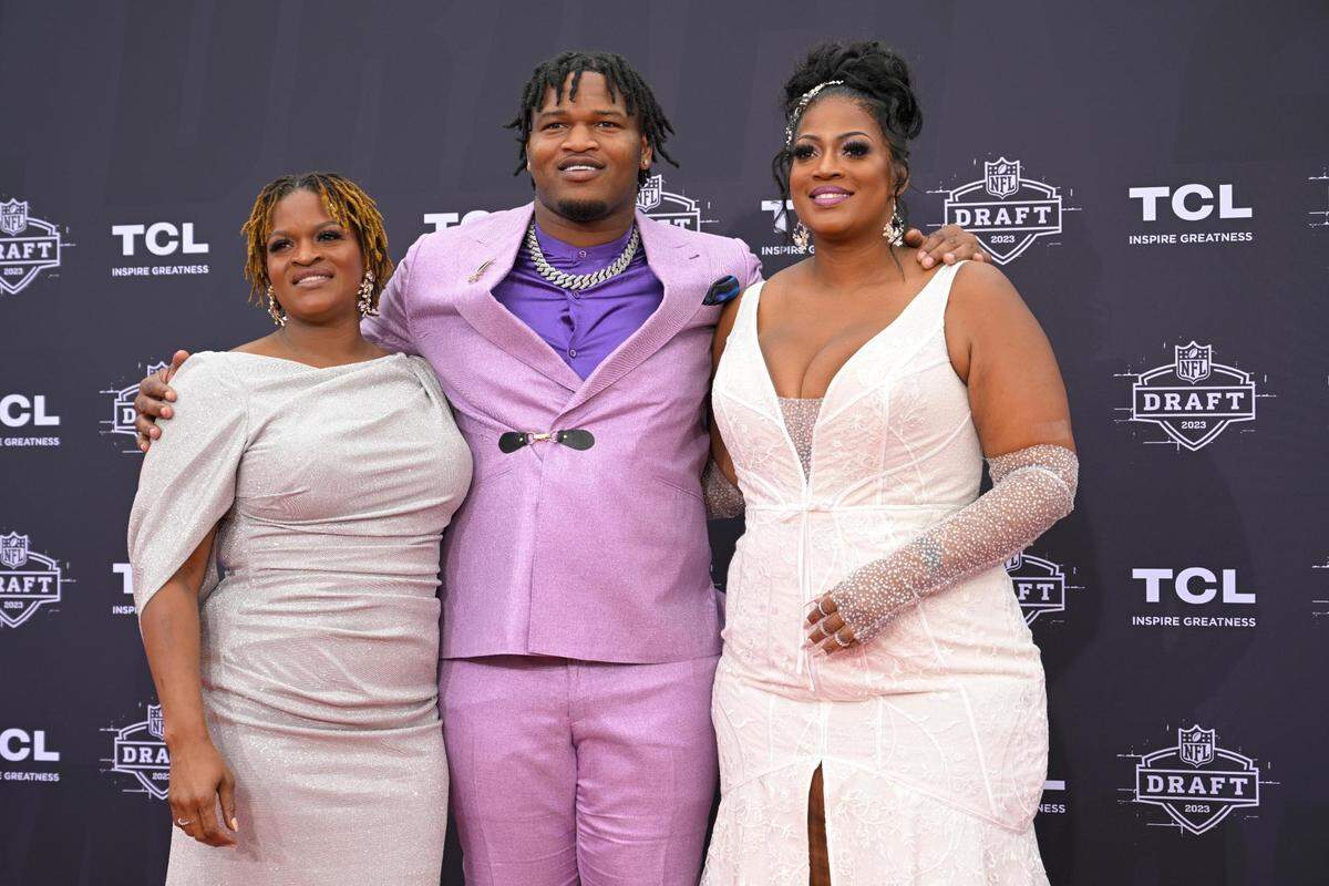 NFL Draft prospect Jalen Carter, a defensive lineman from Georgia, posed with family on the Red Carpet on the Memorial Courtyard before the first round of the NFL Draft on Thursday, April 27, 2023, at the National WWI Museum and Memorial.