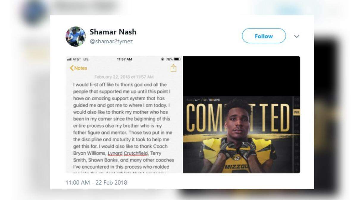 Shamar Nash, a four-star wide receiver, committed to join Mizzou football's 2019 recruiting class on Thursday.