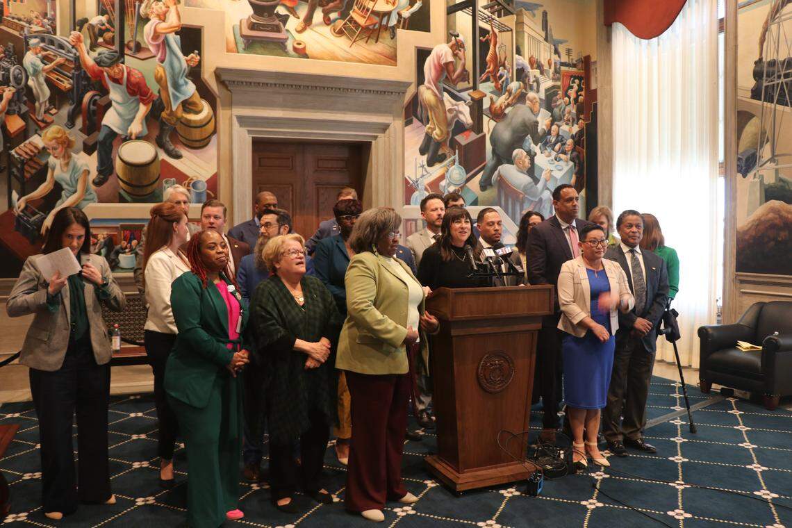 Missouri House Democrats gather in the House Lounge at the Missouri Statehouse 