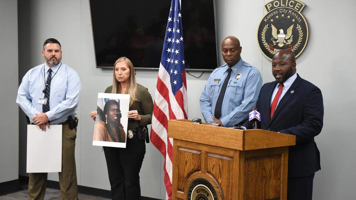 Wyandotte County District Attorney Mark Dupree speaks at a press conference Wednesday, Sept. 20, 2023, about cold case investigations alongside Kansas City, Kansas Police Chief Karl Oakman.