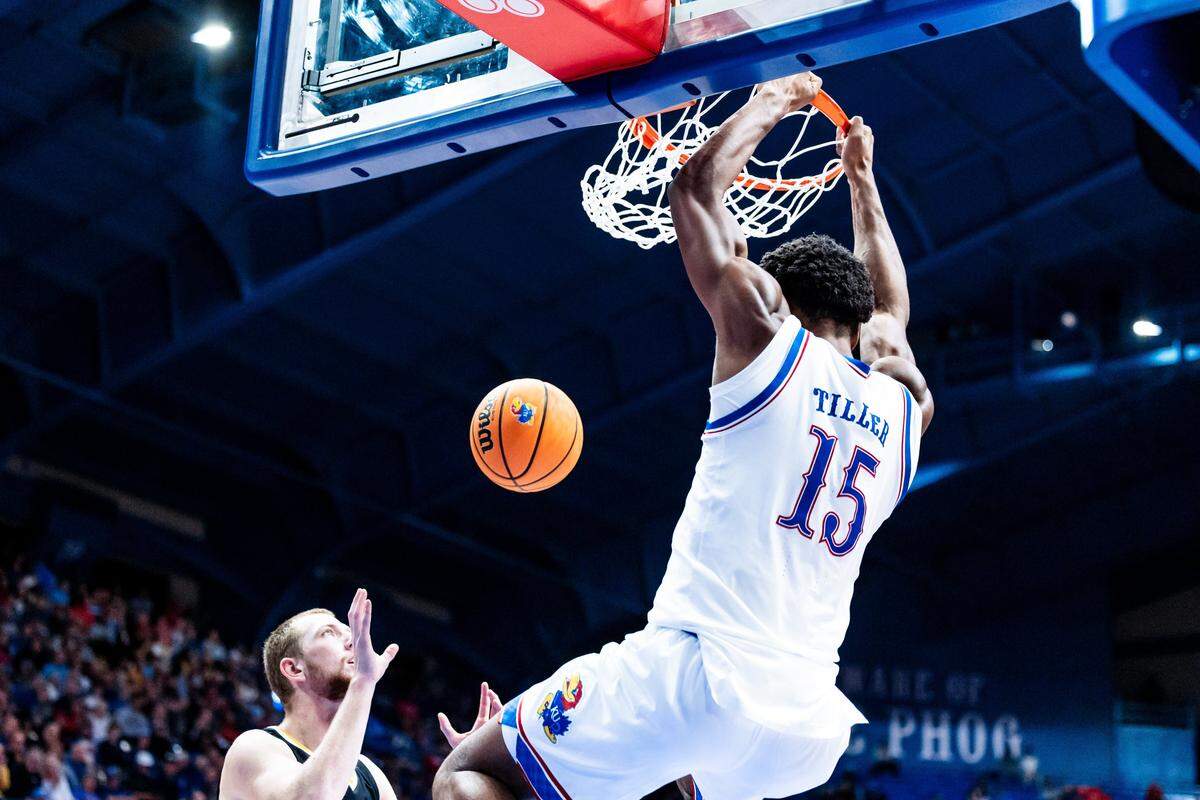 KU basketball big man Bryson Tiller dunks the ball during an exhibition game against Fort Hays State on Oct. 28, 2025, at Allen Fieldhouse in Lawrence.
