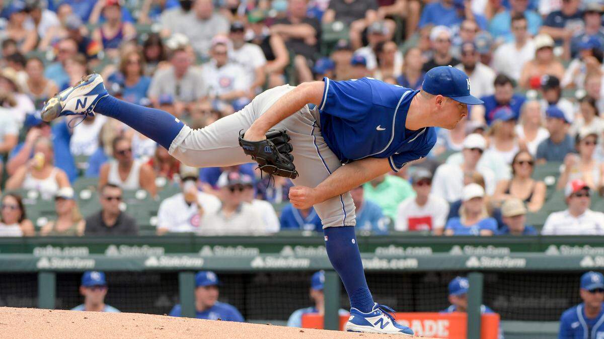 Kansas City Royals starting pitcher Kris Bubic threw six innings of no-hit ball before giving up a hit in the seventh inning against the Chicago Cubs on Saturday, Aug. 21, 2021, at Wrigley Field in Chicago.