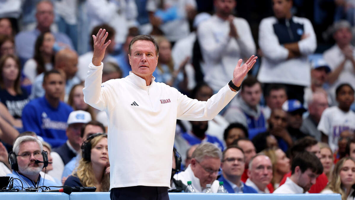 Kansas Jayhawks head coach Bill Self reacts during the second half of the game against the North Carolina Tar Heels at Dean E. Smith Center on November 7, 2025 in Chapel Hill, North Carolina.