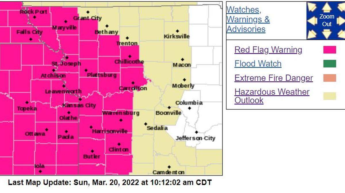 The National Weather Service has issued a “red flag warning” for the Kansas City metro through 8 p.m. Sunday as conditions make for a high fire risk in the area.