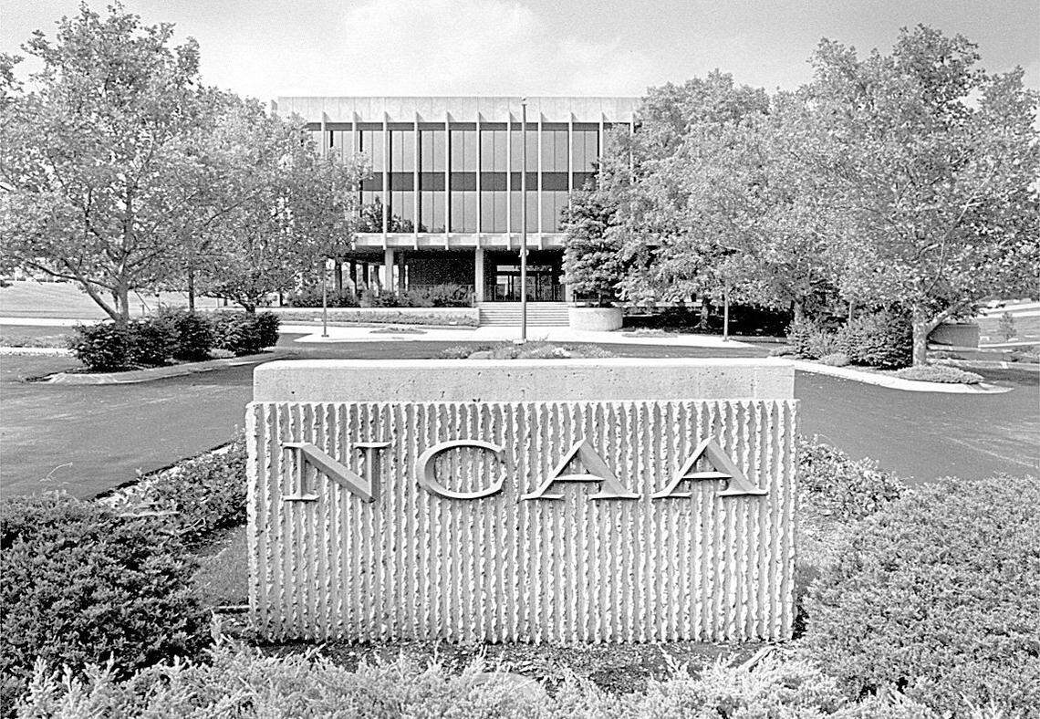 This is the old NCAA headquarters building in Mission, Kansas, as it looked in the mid-1990s, before the organization moved to Indianapolis.