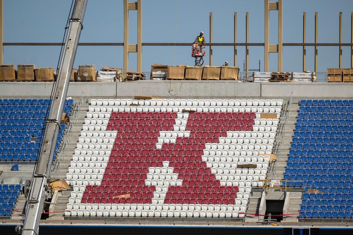 Stadium seating at David Booth Kansas Memorial Stadium will featuring the “K Flag” design in the north bowl of the stadium was installed recently by Irwin Seating Company of Grand Rapids, Michigan, as part of the renovations, which were seen at the University of Kansas on Friday, April 11, 2025, in Lawrence. Seat backs will be installed on all north and west side seats for improved comfort for fans and the renovated sections have 50 percent increase in per-seat area and legroom.