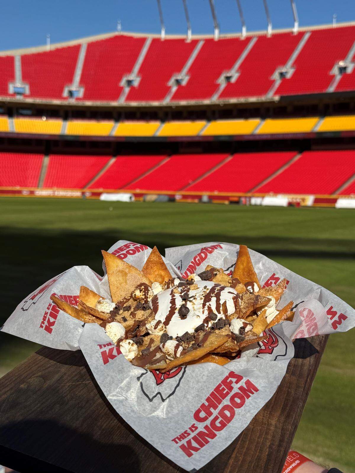 A new playoff food item at Arrowhead Stadium, S’mores Nachos, are made with deep fried cinnamon sugar flour tortillas, marshmallow fluff, chocolate cream sauce, and toasted marshmallows dusted with graham cracker crumble.