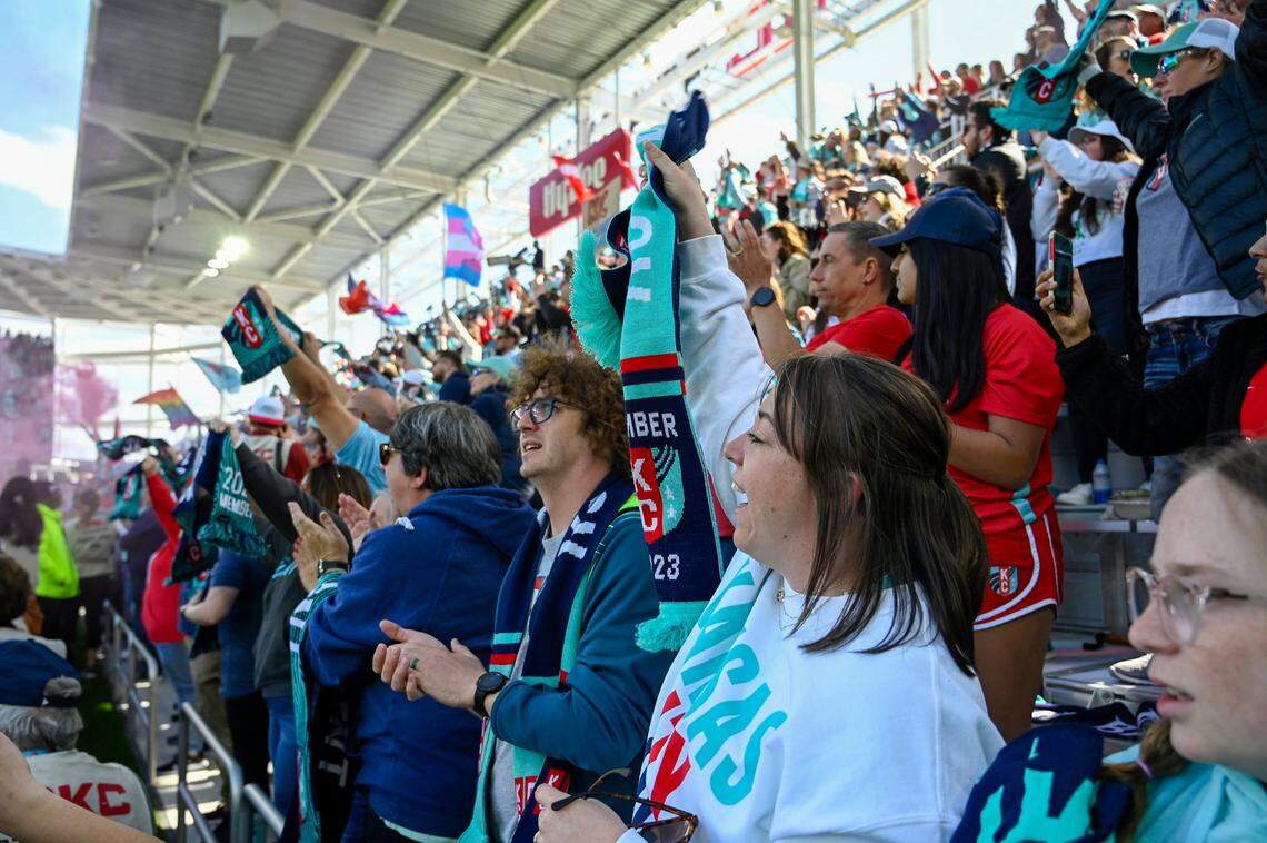 Fans cheered on the Kansas City Current as they played the Portland Thorns in the home opener at the new CPKC Stadium on Saturday, March 16, 2024, in Kansas City.