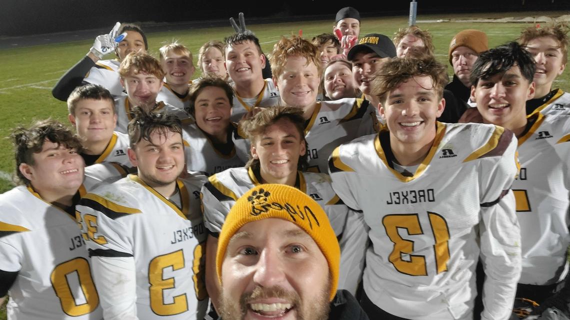 Drexel with Miami beat Worth County/Northeast Nodaway 48-42 Thursday night at Faurot Field, claiming the Missouri 8-man state football championship. This photo, tweeted by @Drexel_Football, was posted after the Bobcats’ semifinal win.