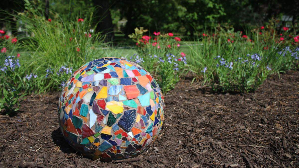 Artist Aztec Palmer’s garden sphere is called Tipsy Tripsy. All the spheres will be on display in and around Antioch Park’s rose garden until November.